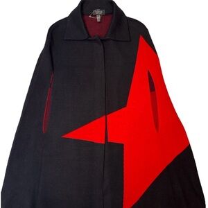 CARA NEW YORK Black & Red Star Cape Poncho Coat NWOT
